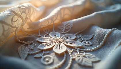 Obraz premium Close-up view of elegant floral embroidery on soft, textured fabric. Ideal for fashion and textile design inspiration, showcasing intricate craftsmanship.