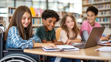 Three Diverse Students, Including One in a Wheelchair, Collaborating in School Library with Laptop