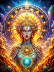 Fototapeta premium A mystical Maiden radiating heavenly energy against the background of a cosmic mandala