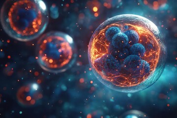 Naklejka premium Vibrant depiction of a cell under a microscope, showcasing intricate structures and glowing details in a colorful abstract design.