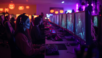 Gamers in costumes playing video games at a Halloween-themed LAN party with colorful lighting.