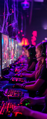 Gamers with headsets intensely focused on screens in a dark, neon-lit room during a competitive gaming tournament.