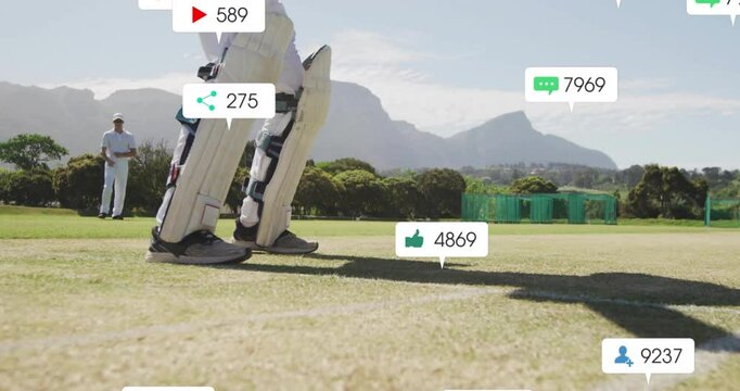 Animation of social media icons with growing numbers over diverse male cricket players
