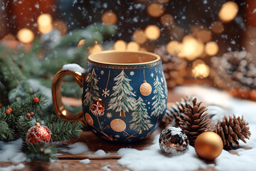 A winter mug with festive decor creates a warm atmosphere, ideal for winter evenings