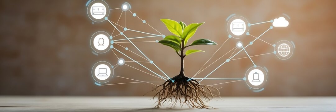 Connected Greenery: Integrating Smart Networks into Modern Plant Management. Futuristic concept of digital technology in agriculture
