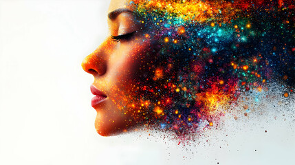 A creative depiction of a woman's profile merging with colorful cosmic elements.