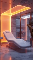 Peaceful and Inviting Massage Lounge with Warm Radiant Orange Lighting and Plush Reclining Chair in a Serene and Contemporary Interior Design Setting