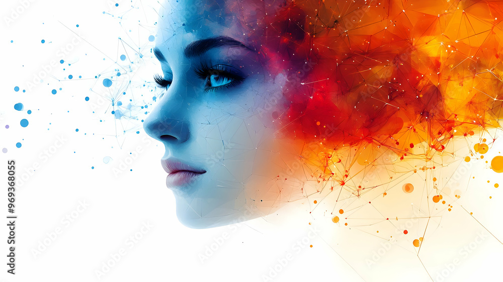 Poster a creative representation of a woman's profile with vibrant colors and abstract patterns.