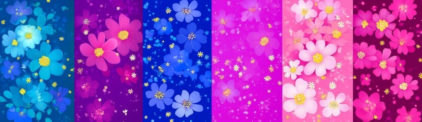 Stylish botanical illustration of large chamomile flowers, small wild flowers, leaves in a seamless floral pattern.