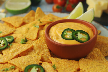 Corn tortilla chips with cheese sauce