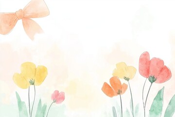 Naklejka premium Cartoon bow ribbon bordered by flower frame on watercolor background.