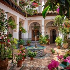 Traditional Andalusian Courtyard with Central Fountain and Lush Plants

