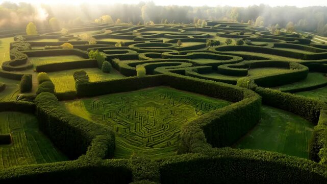 Green endless maze of bushes. Game how find the way. Search for the exit. Challenge, problem solving. Concept of a difficult confusing life situation, hard to get out. Aerial drone top view from above