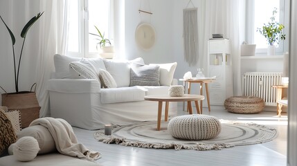 Interior of a light colored scandinavian style living room with a coffee table and floor cushions