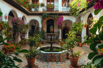 Fototapeta premium Traditional Andalusian Courtyard with Central Fountain and Lush Plants