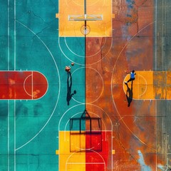 Aerial View of Basketball Players on Colorful Outdoor Court


