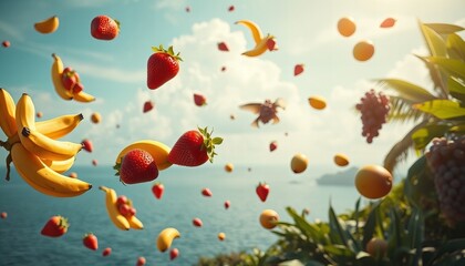 there are many different fruits flying in the air.