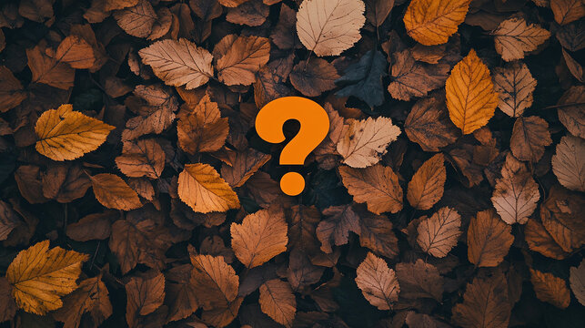 Overhead autumn photograph with a Question Mark in the middle.