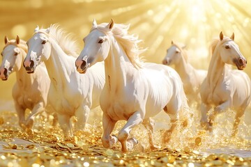 Obraz premium A group of horses galloping in the sea, golden liquid flowing on top of them, golden light shining on their bodies, surrounded by gold coins and jewelry