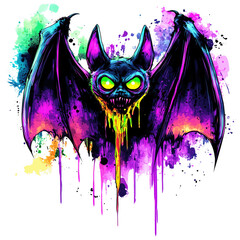 A bat covered in dripping neon slime with big glowing eyes