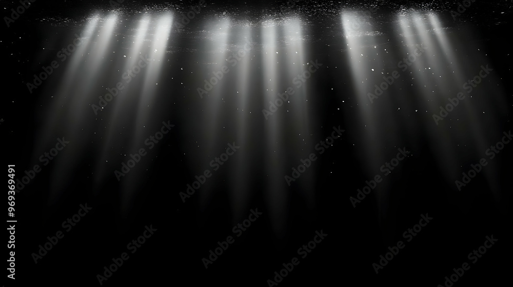 Poster a dark background with beams of light shining through, creating a dramatic atmosphere.