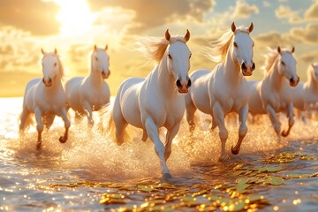 Obraz premium A group of horses galloping in the sea, golden liquid flowing on top of them, golden light shining on their bodies, surrounded by gold coins and jewelry