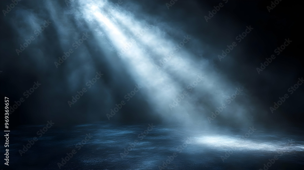 Poster a dark space illuminated by beams of light creating a mystical atmosphere.