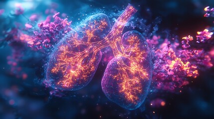 Semiabstract visual of the human respiratory system with neon lungs and airways dissolving into swirling patterns symbolizing breath and life