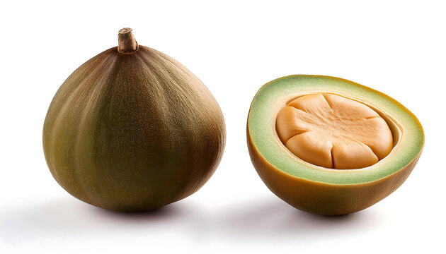 Whole and cut-open abiu fruit isolated on a white background, ideal for culinary, exotic fruit, and food themes