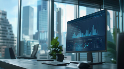 A monitor screen showing a finance statistical data is placed on a desk in an office on a high floor with cityscape view through big windows. Evening time.