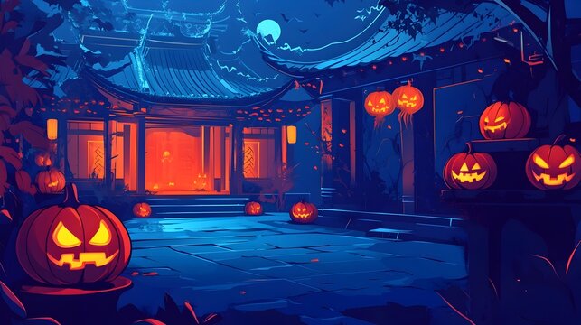 Haunted Temple Courtyard with Glowing Jack o  Lanterns in Asian Festival Theme Cartoon Drawing  Spooky atmospheric landscape with split complementary color scheme supernatural and mystical elements