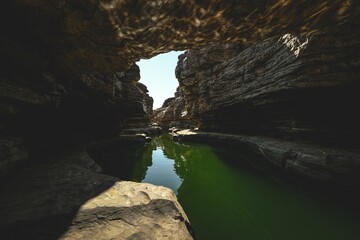 Serene canyon with green water and rock formations