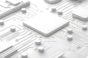 White background, white circuit board with gray chips, lines, and technical details