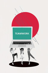 Trend artwork sketch composite collage of office workspace hiring new job candidate teamwork young lady friends hold together huge laptop