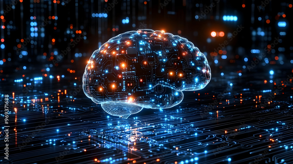 Poster a digital brain representation with glowing circuits, symbolizing technology and intelligence.