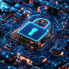 Cybersecurity Digital Lock on Futuristic Circuitry, 3D security, metallic lock, glowing lock, digital protection, futuristic circuitry, data encryption, network security, digital defense