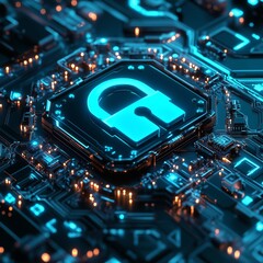 Cybersecurity Digital Lock on Futuristic Circuitry, 3D security, metallic lock, glowing lock, digital protection, futuristic circuitry, data encryption, network security, digital defense