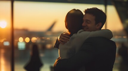 Emotional Bittersweet Farewell Embrace Between Close Friends Exchanging a Heartfelt Goodbye Moment in Airport Setting with Sunset Backdrop