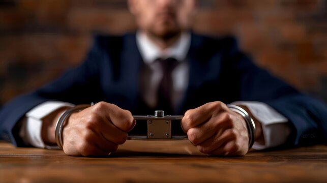 Man in suit with handcuffs on his wrists, sitting at a table.