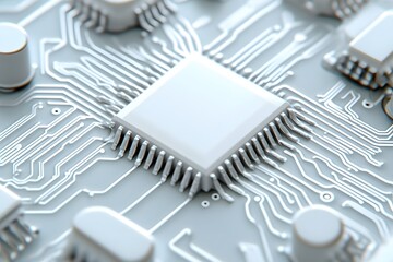 White background, white circuit board with gray chips, lines, and technical details