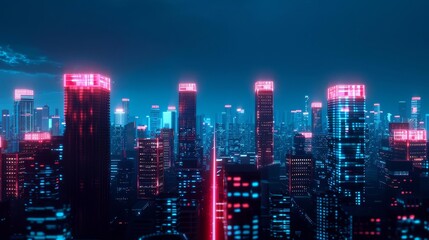 Fototapeta premium Neon cityscape at night with glowing skyscrapers.