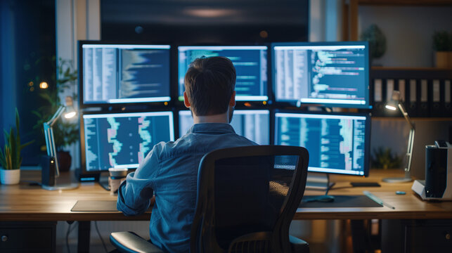 Back view of a software developer is coding on multiple screens in an office at night.