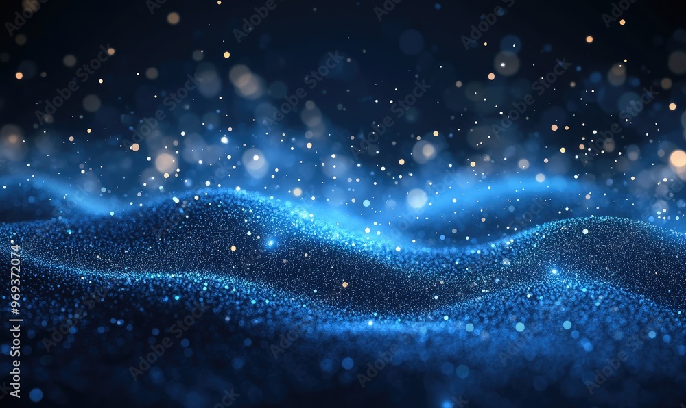 Poster a mesmerizing blue wave-like pattern with shimmering particles, creating a dreamy atmosphere.