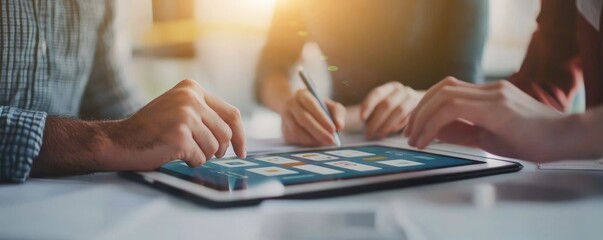 Hands of diverse team members working together on a digital tablet, designing an app interface, tech collaboration, innovation