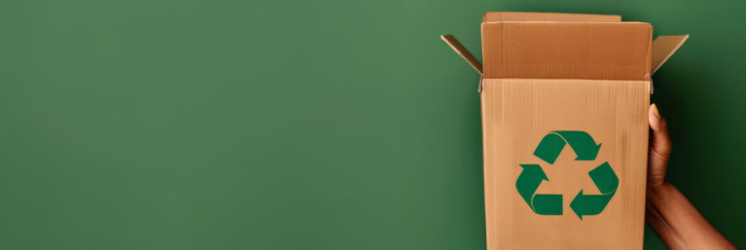 Open cardboard box with recycling symbol on green background.