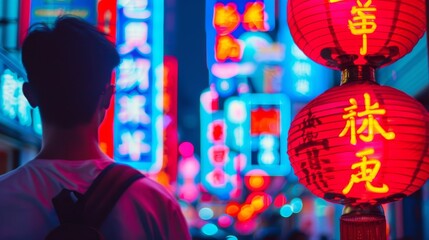 Obraz premium A lone figure walks through a bustling, neon-lit street in a vibrant Asian city. Red lanterns hang overhead, adding to the festive atmosphere.