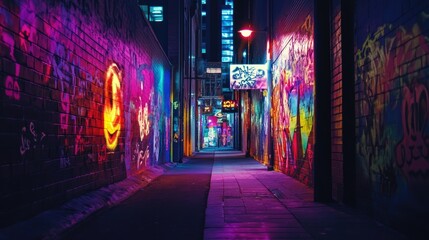 A Narrow City Alleyway with Vibrant Neon Graffiti and Streetlights at Night