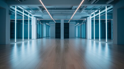 Obraz premium A modern, minimalist studio space with blue neon lights and wood flooring, ideal for showcasing products or as a backdrop for events.