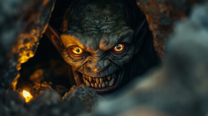 A monstrous creature with glowing eyes peeks from the shadows, teeth bared in a menacing grin.