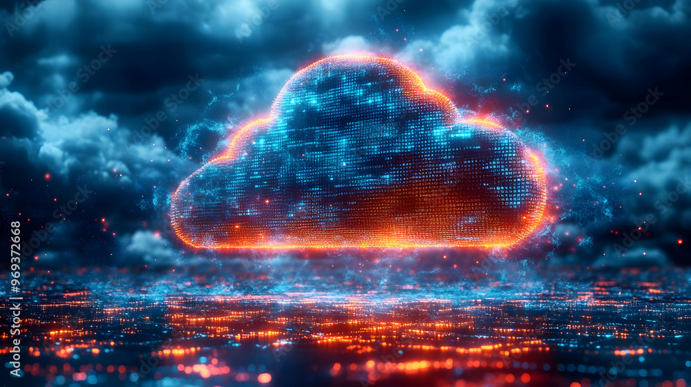 Poster a digital cloud symbol with glowing effects, representing data storage and technology.